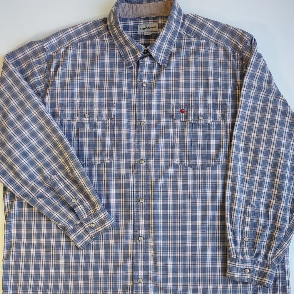 Carhartt Plaid Long Sleeve Shirt Men's XXL Relaxed Fit Pearl Snaps 'Red Logo'